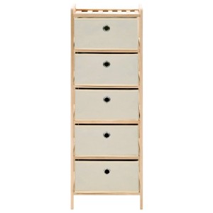 Korbkommode aus Zedernholz mit 5 Stoffkörben in Beige für Büro oder Wohnraum.