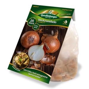 Packung Quedlinburger Steckzwiebeln 'Crusado', gelbe, runde Speisezwiebeln, frühe Sorte.