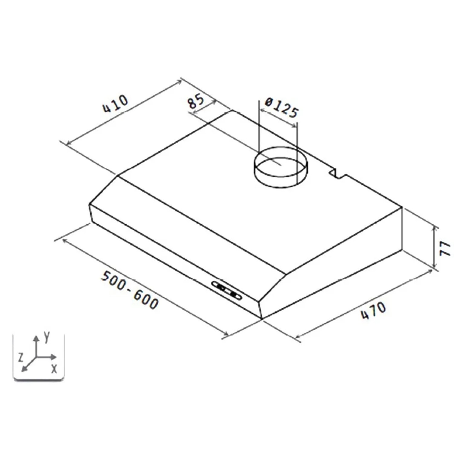 Technische Zeichnung Respekta Dunstabzugshaube DH620WL, 60 cm, weiß, mit Maßangaben.