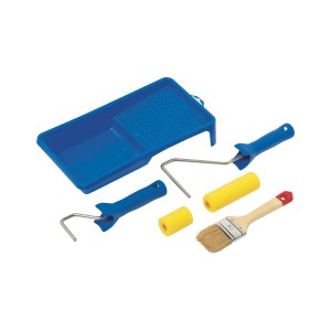 6-teiliges Lackier-Set mit Farbwanne, Lackierwalzen und Flachpinsel.