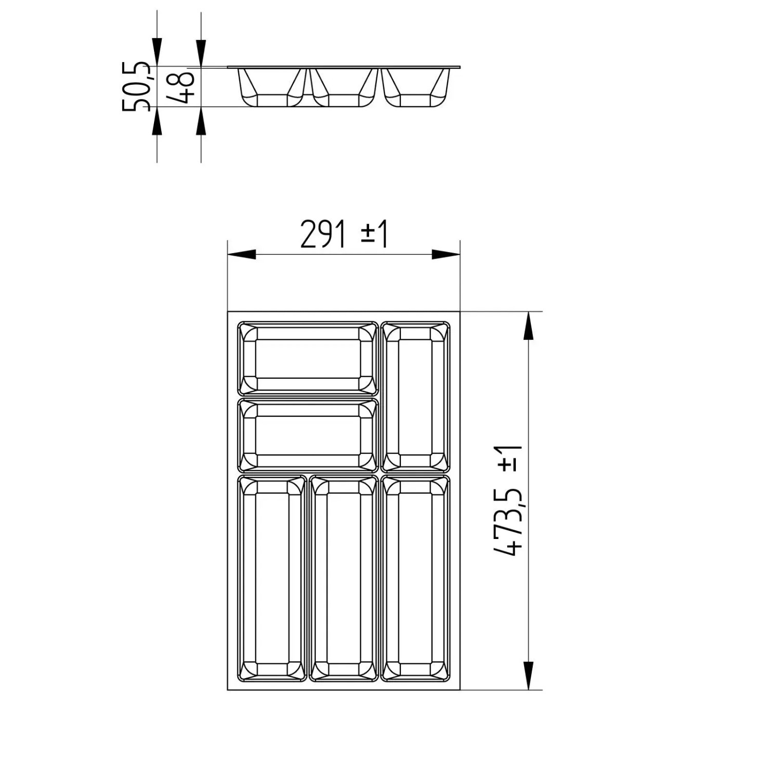 Maßzeichnung SOTECH ORGA-BOX-3 Besteckeinsatz, Anthrazit. Zeigt 291mm Breite, 473mm Tiefe, 50,5mm Höhe für Küchenschublade.