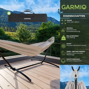 Beige Garmio Hängematte Venedig mit Gestell und Tragetasche, wetterfest bis 200kg.