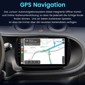Junsun Autoradio für Smart Fortwo mit aktiver GPS Navigation auf dem Display. Zeigt Routenführung und Ankunftszeit.