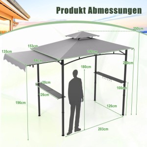 Costway Grillpavillon mit Seitenmarkise Doppeldach 318x153x250 cm Grau