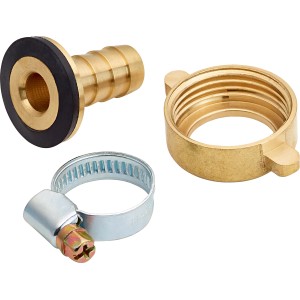 Schlauchverbinder aus Messing, 13 mm x 30,3 mm, bestehend aus Tülle, Verschraubung und Schelle.