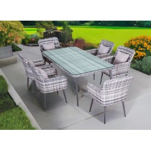 Graues Rattan Gartenmöbelset Quito mit Tisch, Glasplatte und 6 Stühlen mit Kissen.