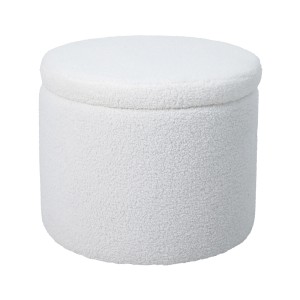 Weißer, runder Svita Amber Hocker mit Teddyfell-Bezug und Stauraum unter dem Deckel.