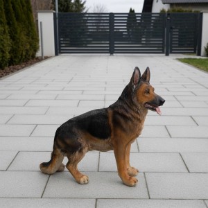 Realistische Schäferhund Gartenfigur aus Polyresin/Fiberglas, naturfarben, wetterfest, auf gepflasterter Einfahrt.