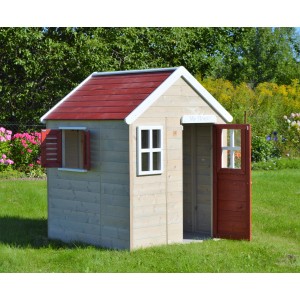 Wendi Toys Kinderspielhaus Gecko mit Fensterladen, Holz, rot-braunes Dach, im Garten.