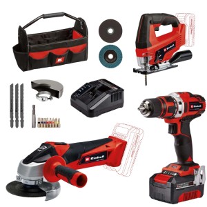 Einhell Power X-Change Werkzeug-Set: rote Akku-Stichsäge, Bohrschrauber, Winkelschleifer, Akku, Ladegerät, Zubehör in Tasche.