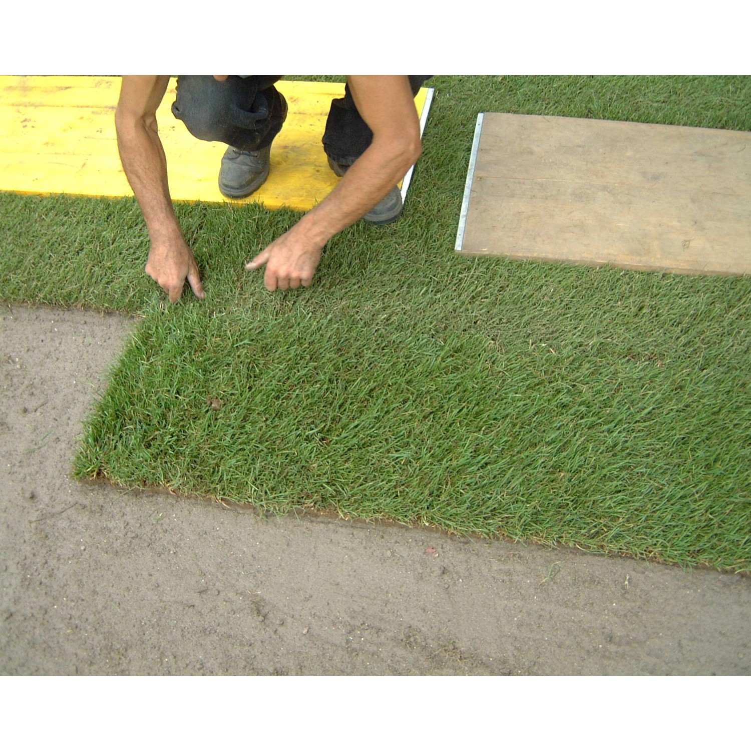 Verlegen von Spiel- und Sport-Rollrasen: Person verlegt Rasenstück. Strapazierfähiger Rasen für den Garten.