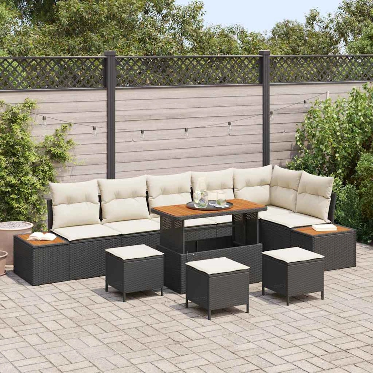 vidaXL Garten-Sofa-Set, 10-teilig, schwarz, Poly Rattan & Akazie, mit Kissen. Gartenmöbel für Terrasse und Balkon.