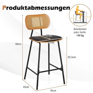 Abbildung eines Costway Barhockers (2er Set) mit Rattanlehne, Fußstütze und Maßangaben.