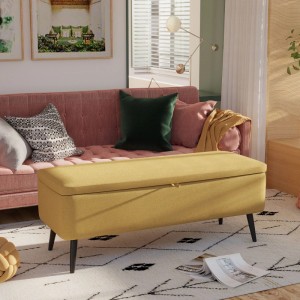 Gelbe HOMCOM Polsterbank mit Stauraum, Leinenoptik, konische Beine, im Wohnzimmer.