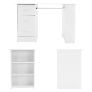 Weißer ML-Design Schreibtisch mit 3 Schubladen, Regalen und Tastaturauszug.