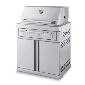 Freistehender MyOutdoorKitchen Holzkohlegrill aus Edelstahl mit doppelwandiger Haube und Unterschrank.