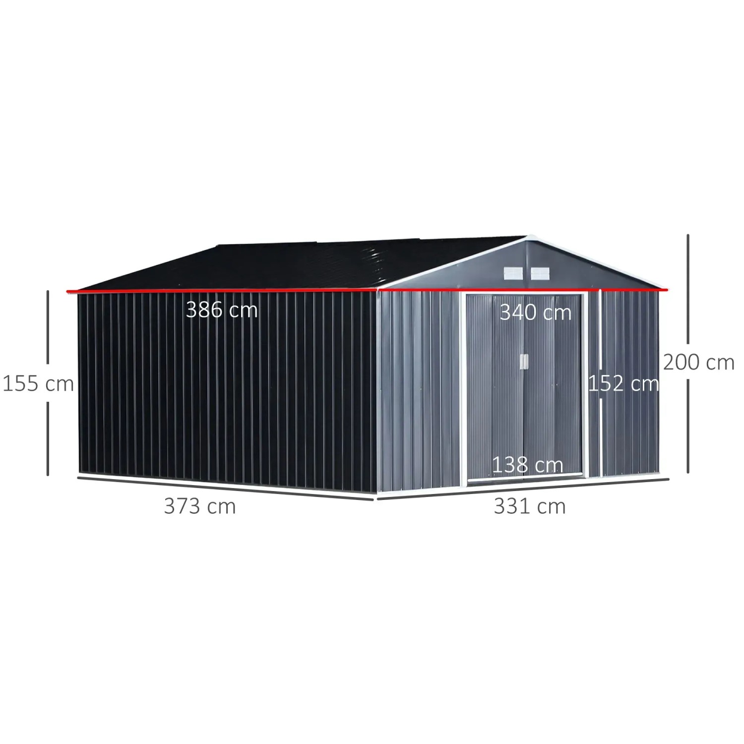 Outsunny Gerätehaus, 20m³, kohlegrau, 340x386x200cm, mit Schiebetüren und Stahlkonstruktion.