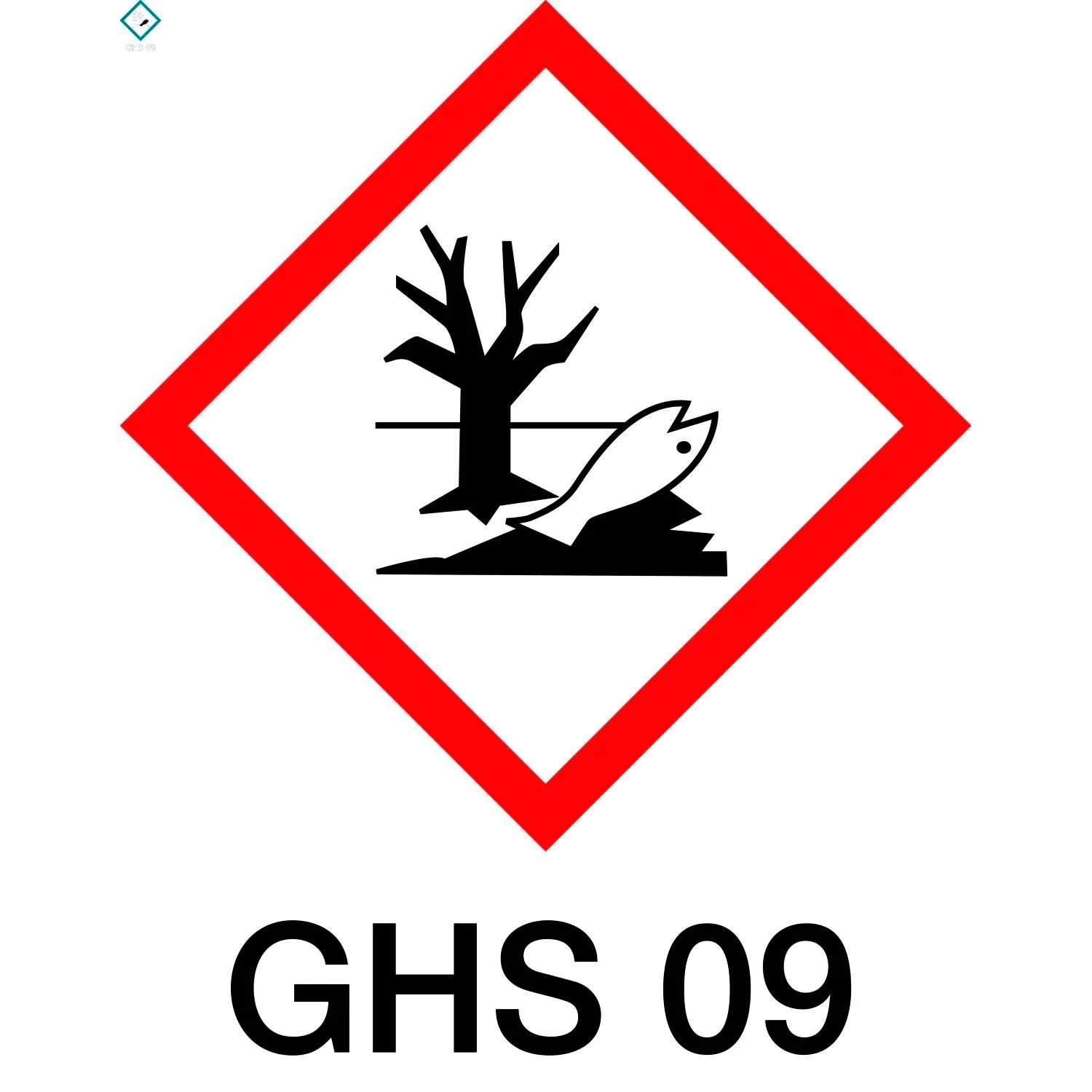 GHS09 Gefahrensymbol: Totes Gewässer mit Baum und Fisch. Warnung vor Wassergefährdung für Rostschutzgrund.