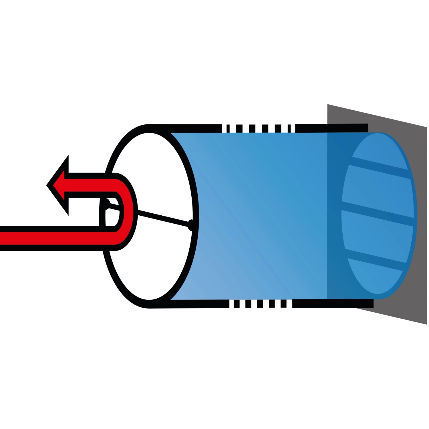 Illustration eines blauen Teleskop-Mauerkastens mit Rundrohranschluss und rotem Pfeil.