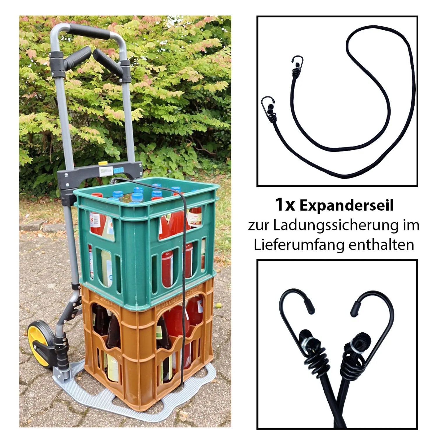 TRUTZHOLM Klappkarre XL, grau, mit Teleskopgriff und gelben Rädern, beladen mit Kisten. Inkl. Expanderseil. 150 kg Tragkraft.