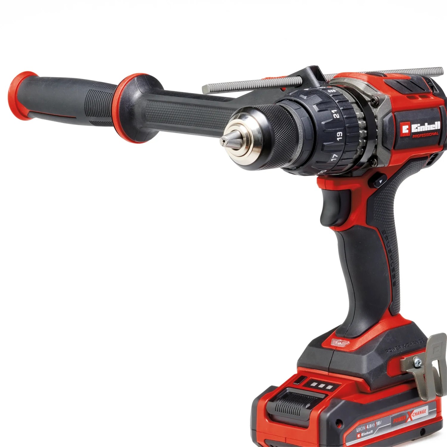 Einhell Akku-Schlagbohrschrauber TP-CD 18/120 Li-i BL-Solo mit Zusatzhandgriff.