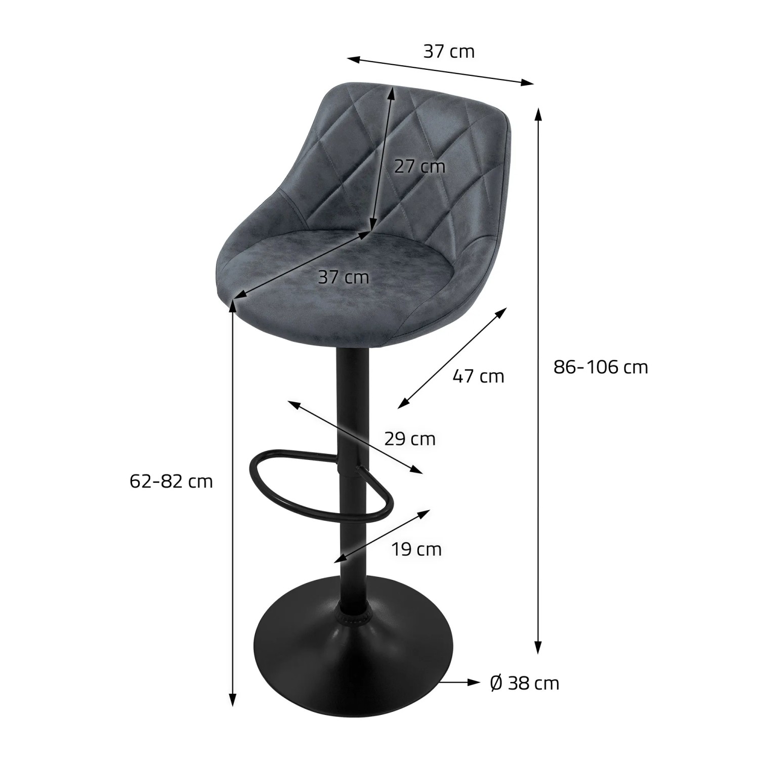 ML-Design Barhocker 4er Set, anthrazitfarbenes Kunstleder, gepolstert, mit Maßangaben.