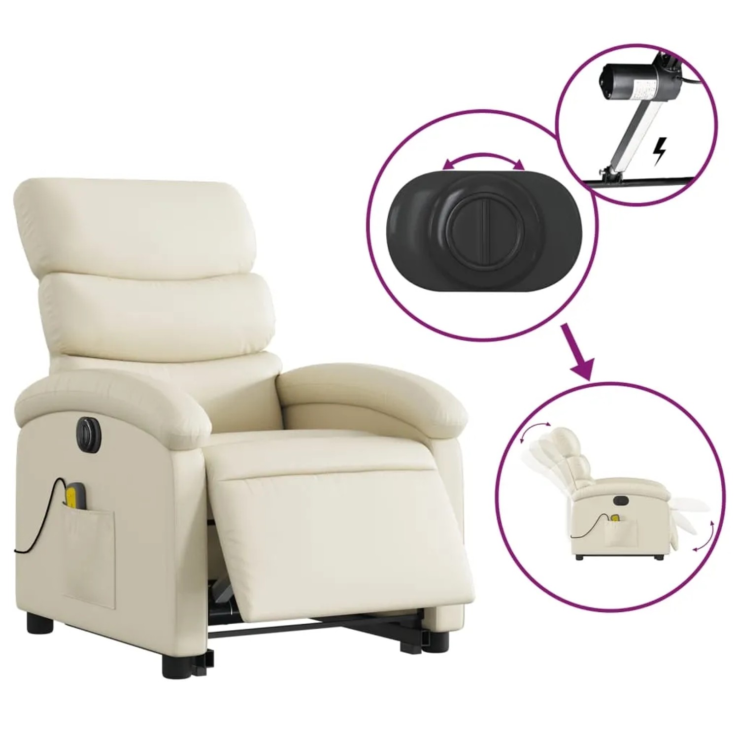 Elektrischer Massagesessel mit Aufstehhilfe in Creme Kunstleder, Relaxsessel für Senioren.