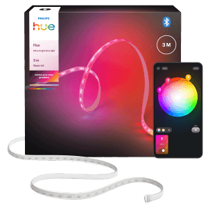 Philips Hue Lightstrip Flux UltraBright 3m mit Verpackung und Smartphone-App zur Steuerung.
