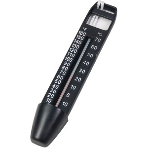 Schwarzes Summer Fun Poolthermometer zur Messung der Wassertemperatur in Celsius und Fahrenheit.