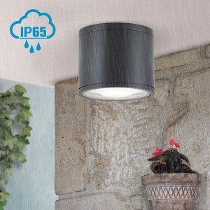 Schwarzer Orion LED Deckenaufbaustrahler, zylindrisch, unter fallendem Regen an einer Steinwand. IP65 für Außen & Nassräume.