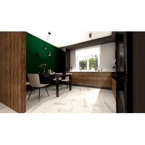 Helle, matte Feinsteinzeug Bodenfliese in Weiß (60x30) im modernen Küchen-Essbereich mit Marmor-Optik.