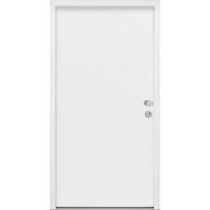 Weiße Splendoor Wohnungseingangstür BARI ACOUSTIC RC2 Rechts mit Drücker und Schloss.