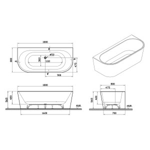 Technische Zeichnung einer weißen pianura Vorwand-Badewanne, 180x80 cm, mit Maßangaben.