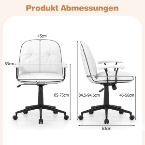 Weißer Bürostuhl mit detaillierten Abmessungen in Vorder- und Seitenansicht. Gepolsterter Drehstuhl mit Rollen und Armlehnen.