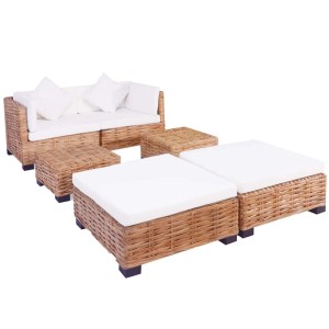 vidaXL Sofagarnitur, 16-teilig, Natur-Rattan, braunes Rattan, weiße Kissen, Ecksofa, Hocker, Couchtische.