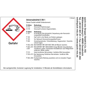 Warnhinweise für Quick-Mix Universalmörtel X in 1 mit Trass, 25 kg Sack. Gefahrenzeichen und Sicherheitshinweise.