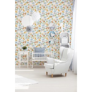 Kinderzimmer mit Vliestapete Dschungel (Bunt, Gelb) mit Tiermotiven.