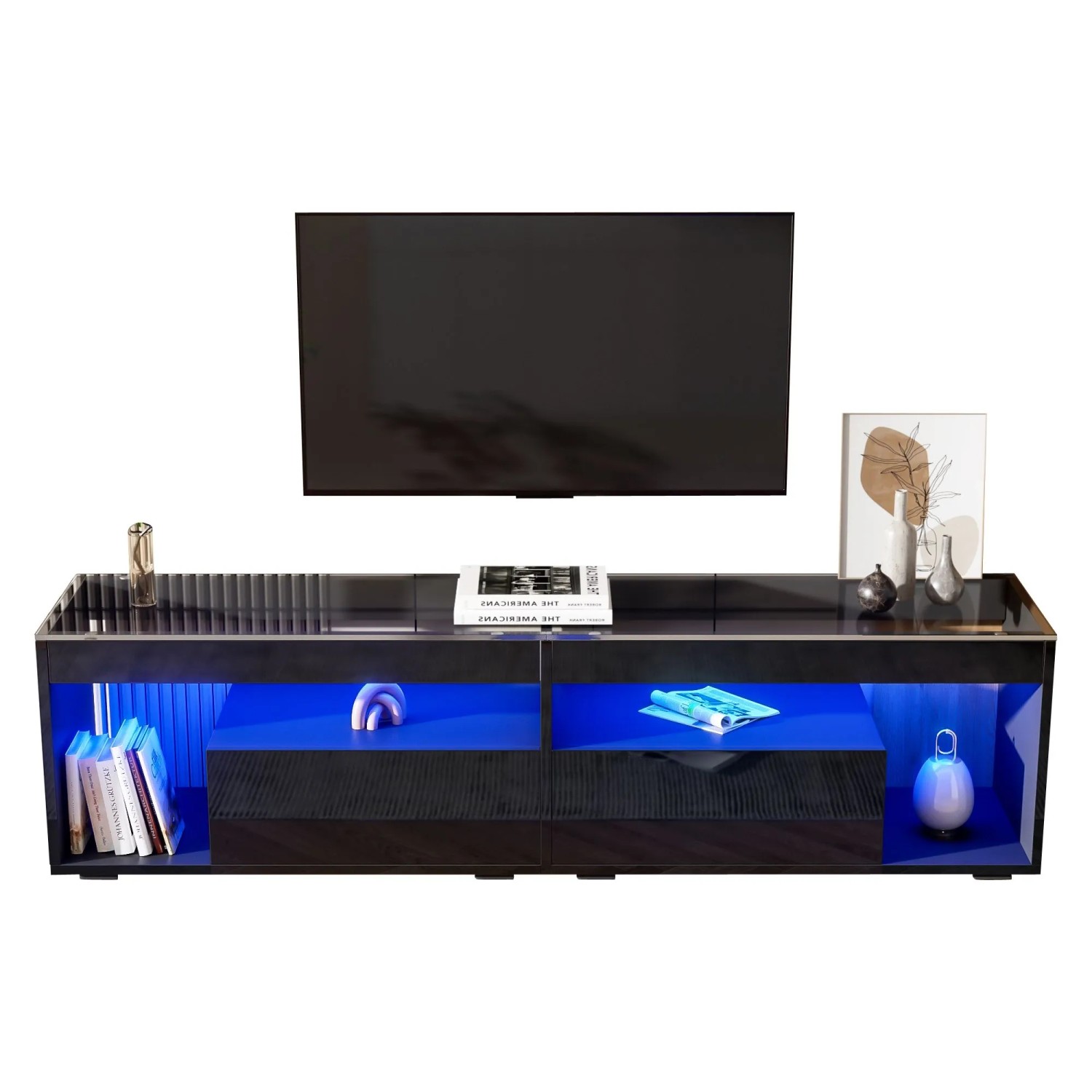 okwish TV Schrank mit Hochglanz LED Schubladen Stauraum Wohnzimmer 180x40x46cm Schwarz