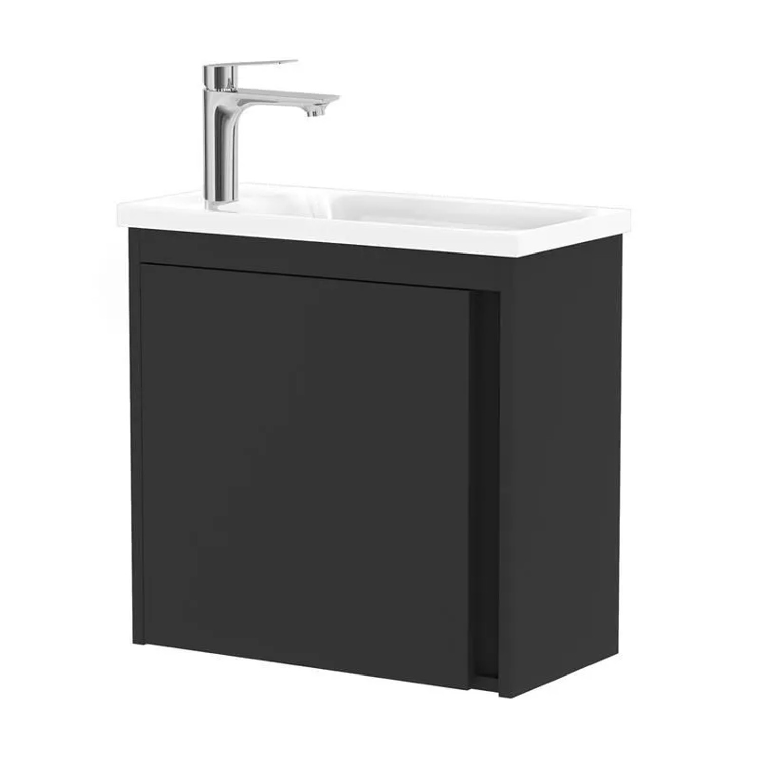 Planetmöbel Waschbeckenunterschrank 50 cm Schwarz Matt mit Waschbecken Armatur Chrom Soft Close
