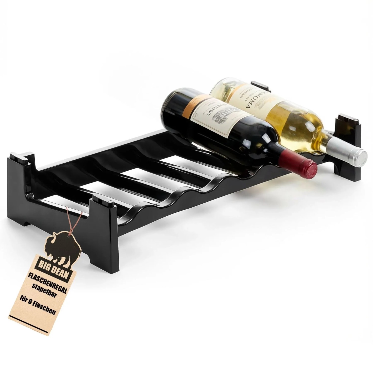 BigDean Flaschenregal Stapelbar Für 6 Flaschen Weinregal Aus Kunststoff Schwarz Getränkeregal Flaschen Regalsystem Für Glas & PET Bis 1,5 Liter BigDean Flaschenregal stapelbar für 6 Flaschen Weinregal aus Kunststoff Schwarz Getränkeregal Flaschen Regalsystem für Glas- & PET bis 1,5 Liter