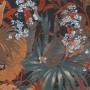 Vliestapete mit Dschungel-Motiv: Palmen, Blätter in Rot und Blau auf dunklem Grund.