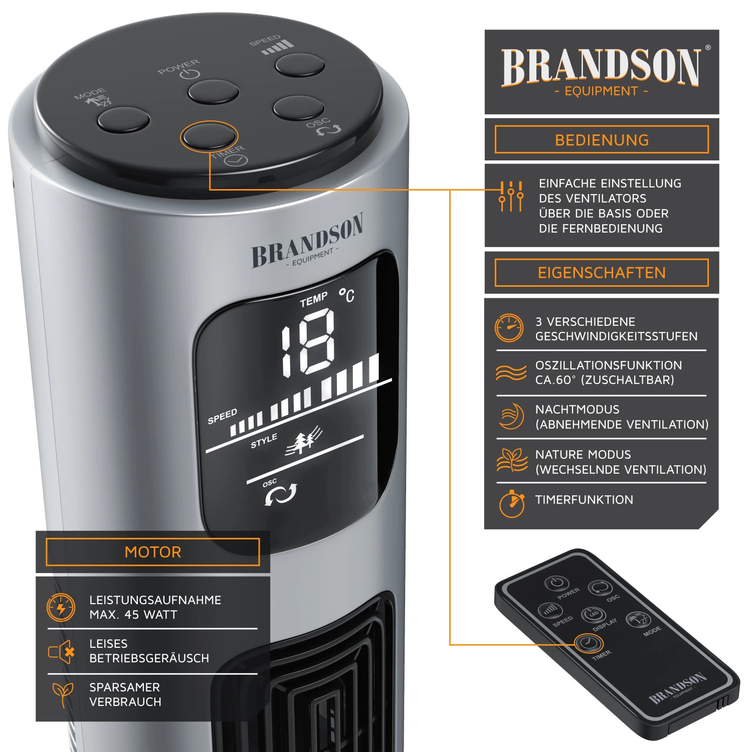 Brandson Turmventilator 96cm mit Display und Fernbedienung. Leiser, mobiler Ventilator.