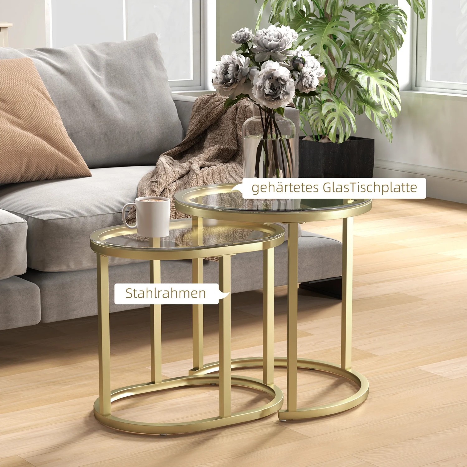HOMCOM Couchtisch-Set mit Stahlrahmen und Hartglasplatte in Gold, 2er-Set.