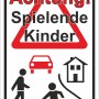 Warnschild Achtung Spielende Kinder, 30x20 cm, mit rotem Dreieck, Auto, Haus und spielenden Kindern.