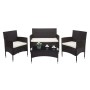 4-teilige Poly-Rattan Lounge-Garnitur in Braun mit creme-farbenen Kissen und Tisch mit Glasplatte.