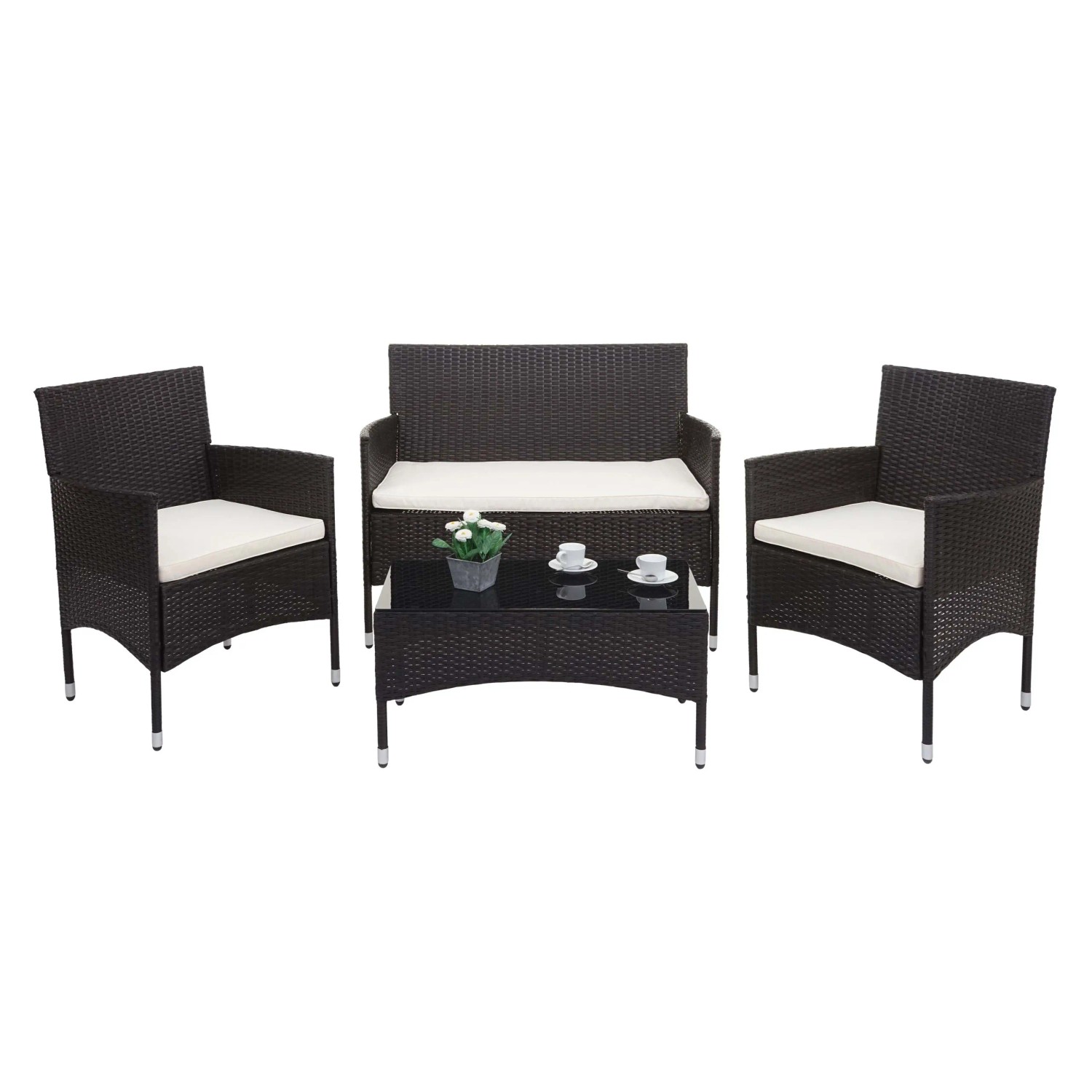 4-teilige Poly-Rattan Lounge-Garnitur in Braun mit creme-farbenen Kissen und Tisch mit Glasplatte.