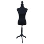 Schwarze weibliche Schneiderpuppe mit Schaumstofftorso und abnehmbarem Bezug auf höhenverstellbarem Holzständer.