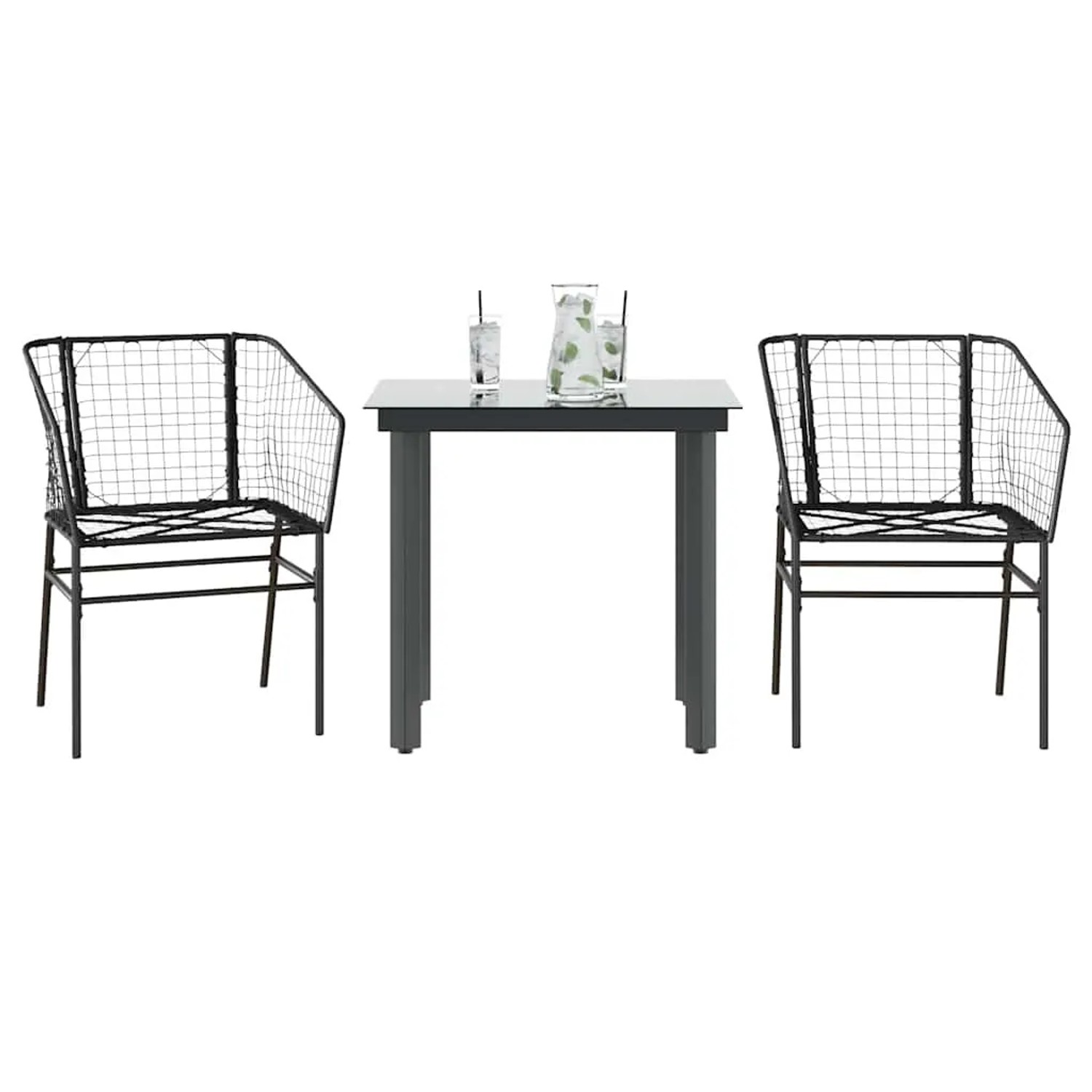 Schwarzes 3-teiliges Garten-Esszimmerset aus Rattan mit Glastisch und zwei Stühlen.