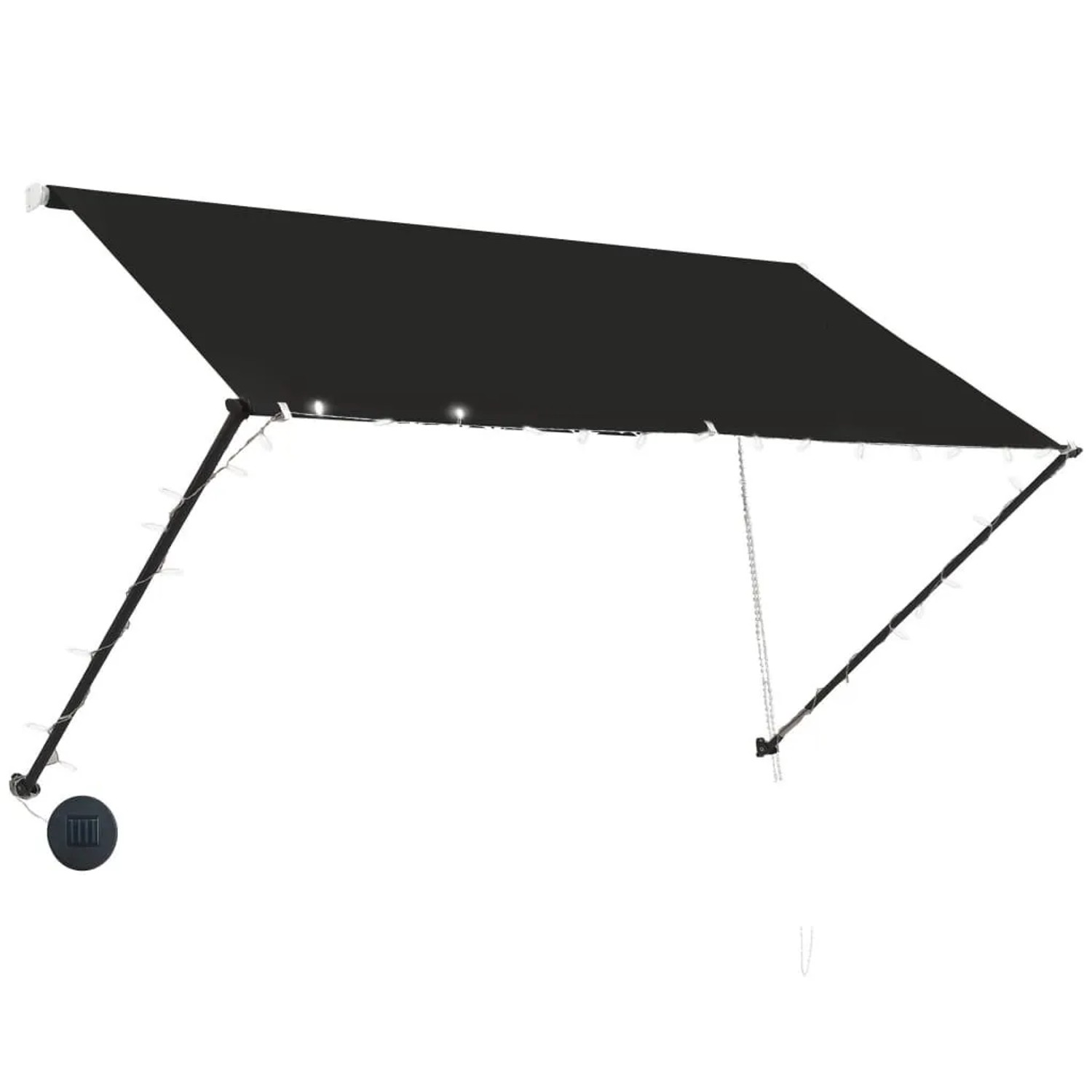 Anthrazitfarbene einziehbare Markise 250x150 cm mit LED-Beleuchtung und Solarpanel für Terrasse.