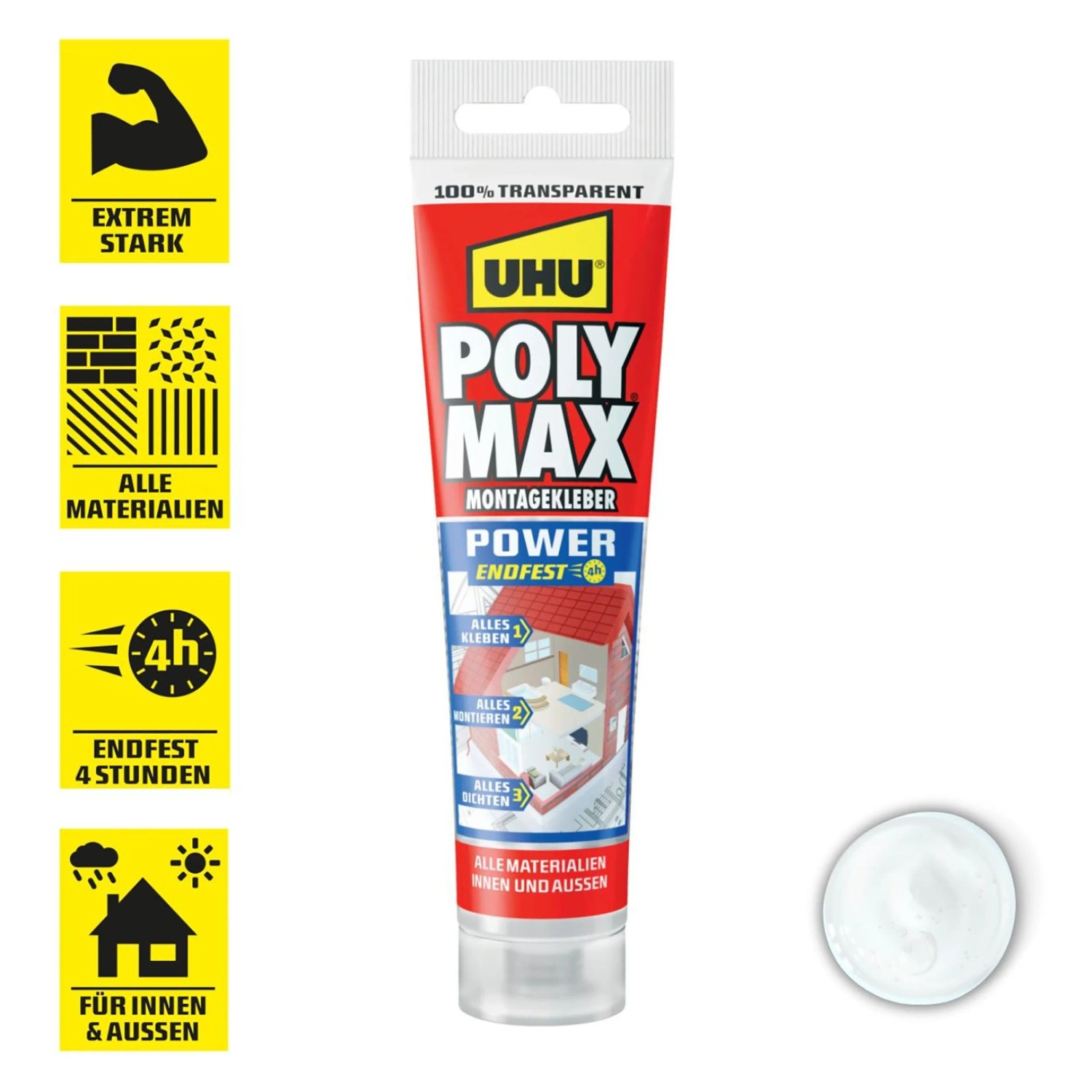 UHU Poly Max Montagekleber Power Transparent, 115g Tube. Universell einsetzbarer, transparenter Kleber.